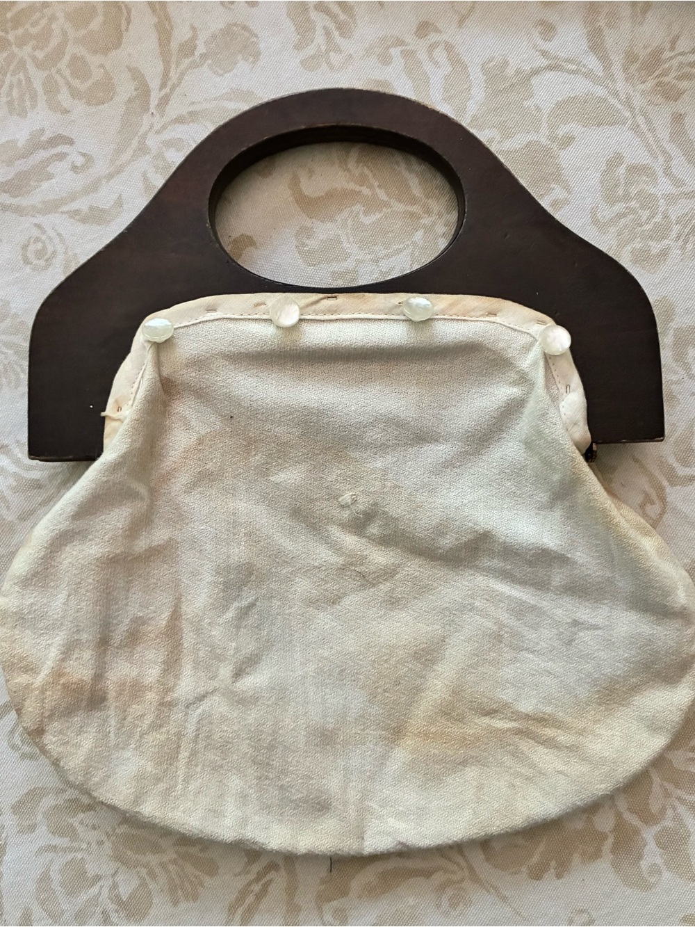 Bermuda Bag Purse Olive Green Cotton Cover 4 Button Wood Handles Vintage - Picture 5 of 7